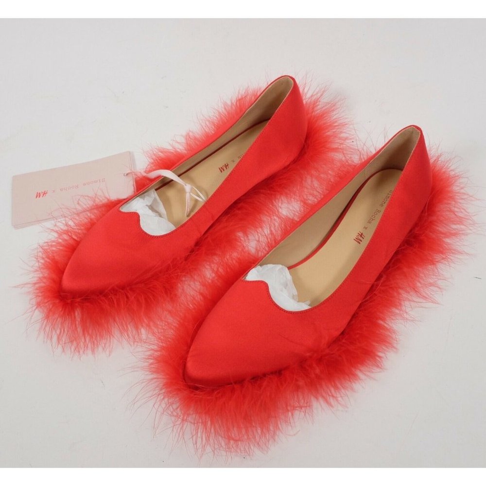 New Simone Rocha H&M Size 40 red feather shoes slippers flats pointed $249